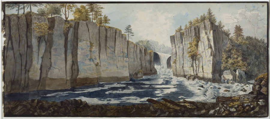 Watercolor on paper drawing of "View of the Falls of the Passaic River", ca. 1799-1800, from the Latrobe Sketchbooks, by Benjamin Henry Latrobe. The artist captured several views of the Great Falls of the Passaic River in Paterson, New Jersey after a visit in 1799. This view shows the falls, surrounding cliffs, and the river…