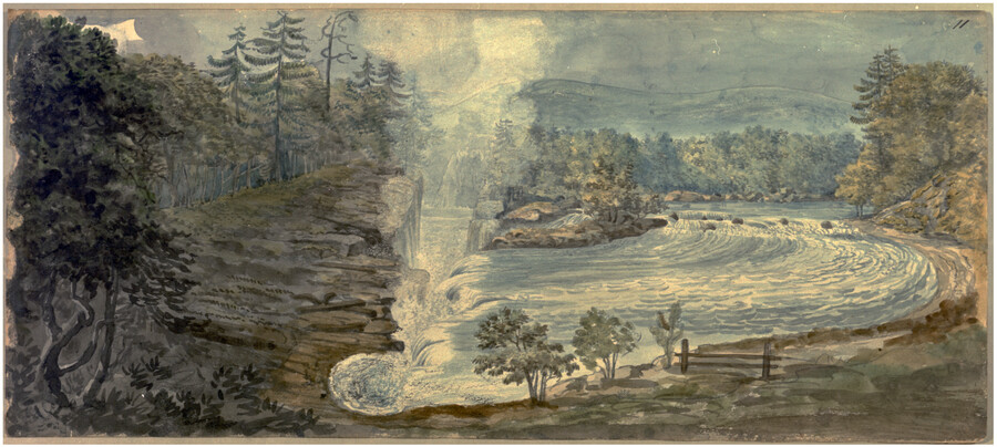 Watercolor on paper drawing of "Passaic Falls", ca. 1799-1800, from the Latrobe Sketchbooks, by Benjamin Henry Latrobe. The artist captured several views of the Great Falls of the Passaic River in Paterson, New Jersey after a visit in 1799. This view shows the falls from above with a sharp bend in the river, high cliffs,…