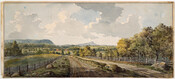 Watercolor on paper drawing of "View on the road from Newark to Paterson, New Jersey", May 28, 1800, from the Latrobe Sketchbooks, by Benjamin Henry Latrobe. In this view, Latrobe looks south down the two lane divided dirt road lined with fences. In the distance are clusters of houses, trees, hills, and mountains.