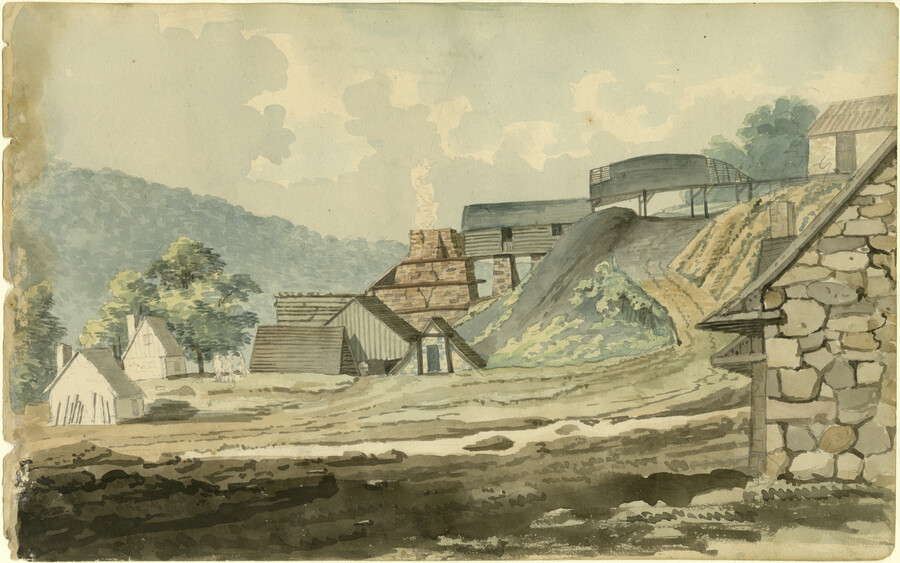 Watercolor on paper drawing of "Warwick Iron Furnace, Chester County, PA", May 6, 1803, from the Latrobe Sketchbooks, by Benjamin Henry Latrobe. This scene captures the Warwick Iron Furnace, which was established by Pennsylvania Quaker Anna Rutter Nutt (1686-1760). She built the furnace in 1737, following the death of her husband who left instructions to…