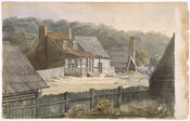 Watercolor on paper drawing of "Out of Robbs Window, Montgomery Court House", 1811, from the Latrobe Sketchbooks, by Benjamin Henry Latrobe. In 1811, Latrobe brought one of his ailing sons out to the Maryland countryside, hoping the fresh air would help him recover. They stayed in the tavern of Adam Robb (1760-1848), who was also…
