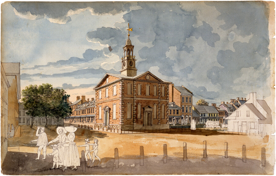 Pencil, pen and ink, watercolor on laid paper drawing of "Lancaster County Courthouse, Lancaster, Pennsylvania", ca. 1802, from the Latrobe Sketchbooks, by Benjamin Henry Latrobe. In 1801, Latrobe was appointed by the Pennsylvania governor to work with the Susquehanna Canal Company of Maryland to make improvements to the Lower Susquehanna River. He surveyed the river…