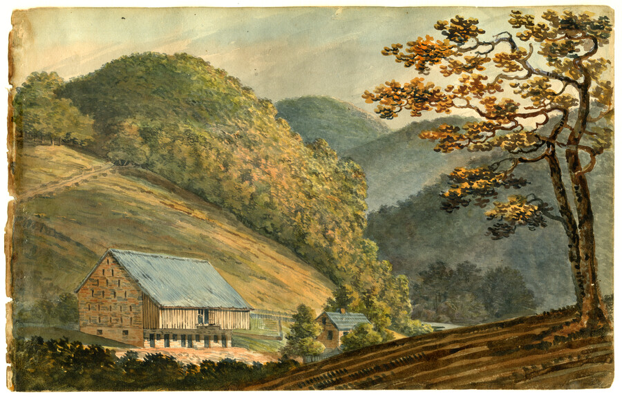 Watercolor on paper drawing of "George Stoner's on Pequea Creek, Burkholder's Ferry, Susquehanna River", ca. 1801, from the Latrobe Sketchbooks, by Benjamin Henry Latrobe. In 1801, Latrobe was appointed by the Pennsylvania governor to work with the Susquehanna Canal Company of Maryland to make improvements to the Lower Susquehanna River. He surveyed the river with…
