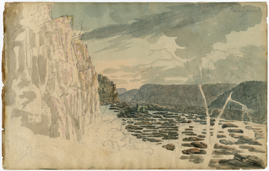 Watercolor on paper drawing of "Susquehanna River near Stoney Point", ca. 1801, from the Latrobe Sketchbooks, by Benjamin Henry Latrobe. In 1801, Latrobe was appointed by the Pennsylvania governor to work with the Susquehanna Canal Company of Maryland to make improvements to the Lower Susquehanna River. He surveyed the river with a small crew from…