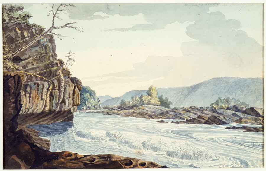 Watercolor on paper drawing of "Susquehanna River at Stoney Point", ca. 1801, from the Latrobe Sketchbooks, by Benjamin Henry Latrobe. In 1801, Latrobe was appointed by the Pennsylvania governor to work with the Susquehanna Canal Company of Maryland to make improvements to the Lower Susquehanna River. He surveyed the river with a small crew from…