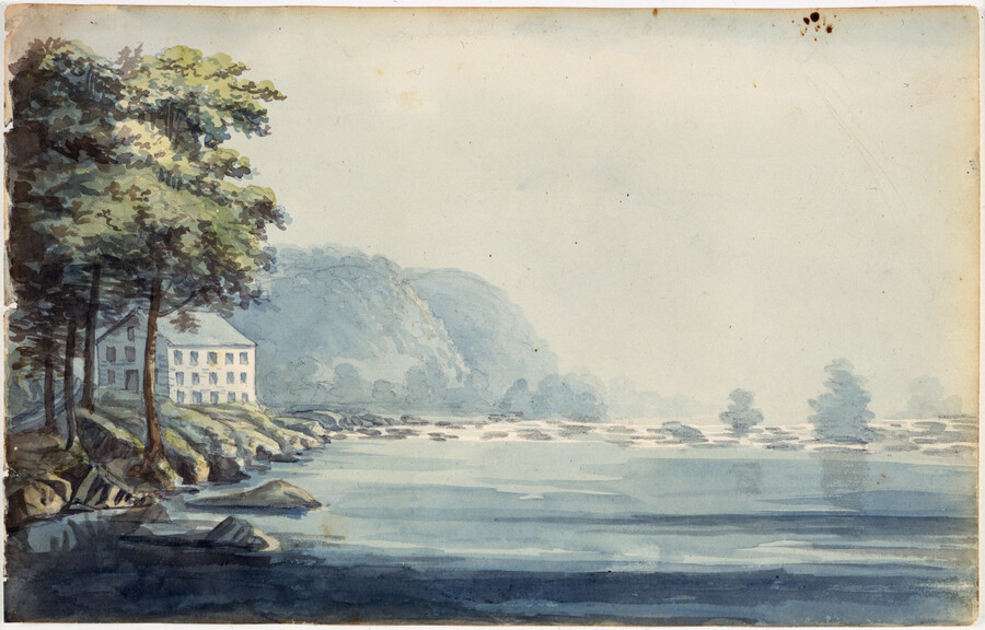 Watercolor on paper drawing of "Anderson's Mill, Below Wrights Ferry, Susquehanna River", 1802, from the Latrobe Sketchbooks, by Benjamin Henry Latrobe. In 1801, Latrobe was appointed by the Pennsylvania governor to work with the Susquehanna Canal Company of Maryland to make improvements to the Lower Susquehanna River. He surveyed the river with a small crew…