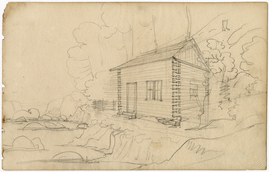 Pencil on paper drawing of "Log House on the Susquehanna River", ca. 1801-1802, from the Latrobe Sketchbooks, by Benjamin Henry Latrobe. In 1801, Latrobe was appointed by the Pennsylvania governor to work with the Susquehanna Canal Company of Maryland to make improvements to the Lower Susquehanna River. He surveyed the river with a small crew…