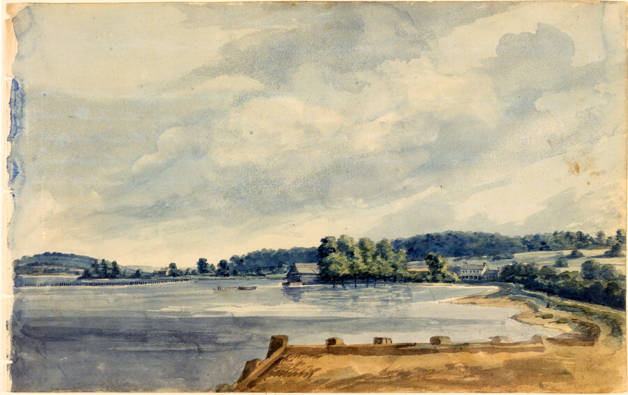 This is a watercolor on paper scene of Frenchtown, Maryland on August 4, 1806, which was a historic settlement that was an economic hub for shipping and wagons during the late 18th and early 19th centuries. Following the burning of the town by a British invasion force in 1813, the town continued to decline due…