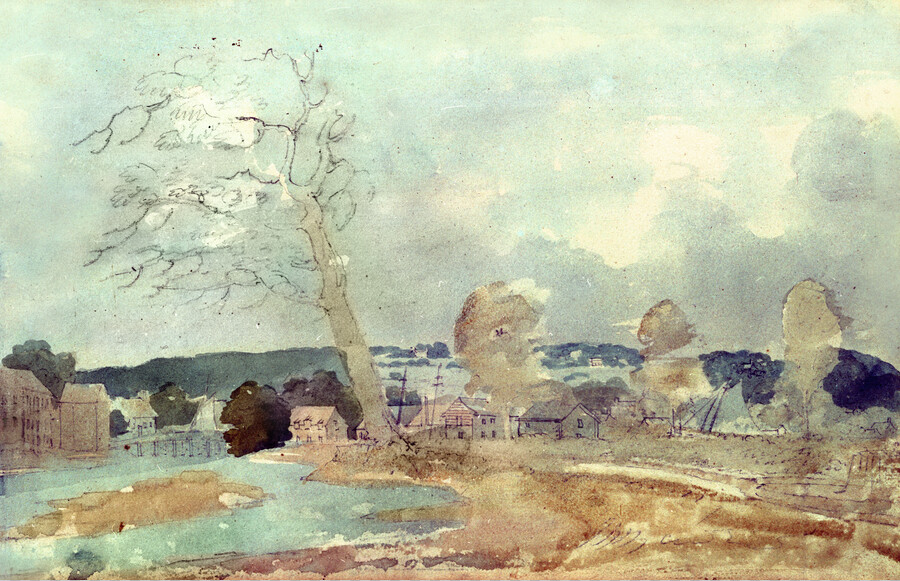 Watercolor on paper drawing of "Sketch of Bladensburg, Maryland, looking northward", ca. 1801, from the Latrobe Sketchbooks, by Benjamin Henry Latrobe. In 1801, Belgian immigrant Baron Henri Josef Stier (1743-1821) began the planning construction of what became Riversdale Mansion, on 800 acres of property just north of Bladensburg, Maryland. Stier first commissioned Latrobe to design…