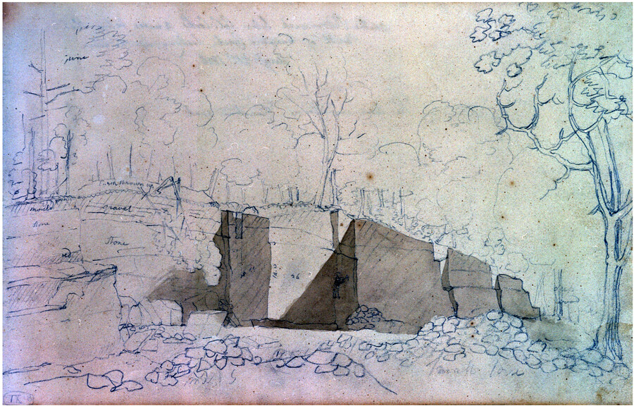 Watercolor, ink, and pencil on paper drawing of "Mr. Robertson's Quarry near Aquia, Virginia", ca. 1806, from the Latrobe Sketchbooks, by Benjamin Henry Latrobe. In 1804, Latrobe was in the midst of designing and sourcing materials to build the U.S. Capitol building in Washington, D.C. His supply of sandstone was running out and he sought…