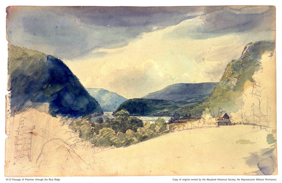 Watercolor on paper drawing of "Passage of Potomac through the Blue Ridge looking up to the northwest from the road below Paine's Hill", from the Latrobe Sketchbooks, by Benjamin Henry Latrobe. This drawing features a partially sketched, but unfinished foreground. There is a distant house on the hill at right. Ahead is the Potomac River,…
