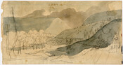 Watercolor and pencil on paper sketch of "View from the road looking Northwest four or five miles from Bloody Run", April 11, 1815, from the Latrobe Sketchbooks, by Benjamin Henry Latrobe. In the foreground are three soldiers of the U.S. Army. The soldiers are volunteers preparing to head home following news of the Treaty of…