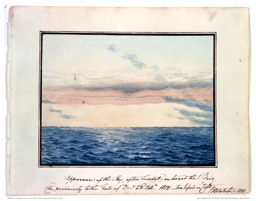 Watercolor on paper sketch of "Appearance of the sky after sunset on board the Brig Clio", 1818, from the Latrobe Sketchbooks, by Benjamin Henry Latrobe. This scene features Latrobe's view from the deck of the brig "Clio" following a violent gale that began on December 23, 1818.