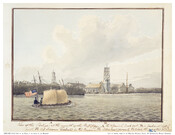 Watercolor on paper of "View of the Balize at the mouth of the Mississippi", January 7, 1819, from the Latrobe sketchbooks, by Benjamin Henry Latrobe. This scene features U.S. Schooner "Firebrand" in the foreground flying the flag of the United States. In the background is the island and former French fort La Balize, which sat…