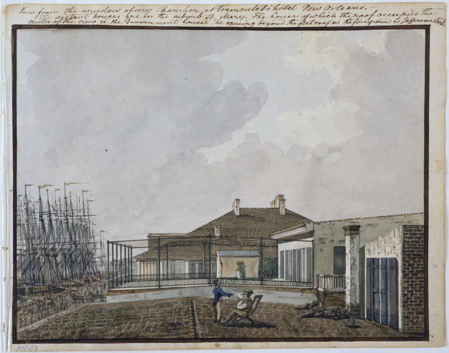 Watercolor on paper sketch of "view from the window of my chamber at Tremoulet's Hotel New Orleans", ca. 1818, from the Latrobe sketchbooks, by Benjamin Henry Latrobe. The scene depicts a man seated and another standing at center. In the background is a "government house", a line up of sailing ships, and Jefferson street.