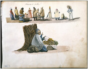 Watercolor on paper of "Market Folks, New Orleans" from the Latrobe sketchbooks, ca. 1819, By Benjamin Henry Latrobe.