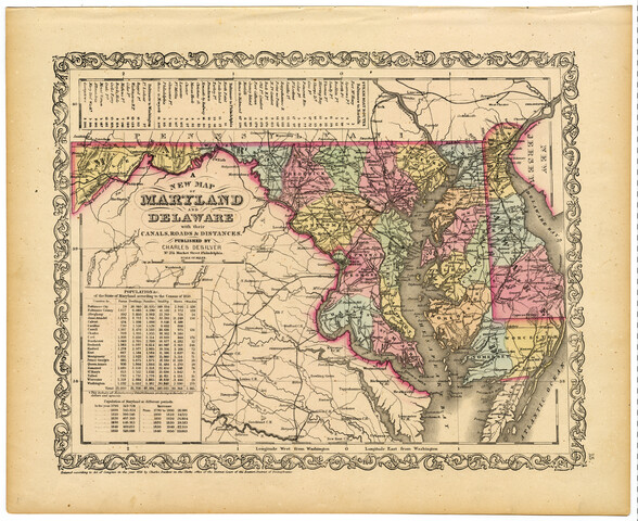 A new map of Maryland and Delaware with their canals, roads and distances — 1856