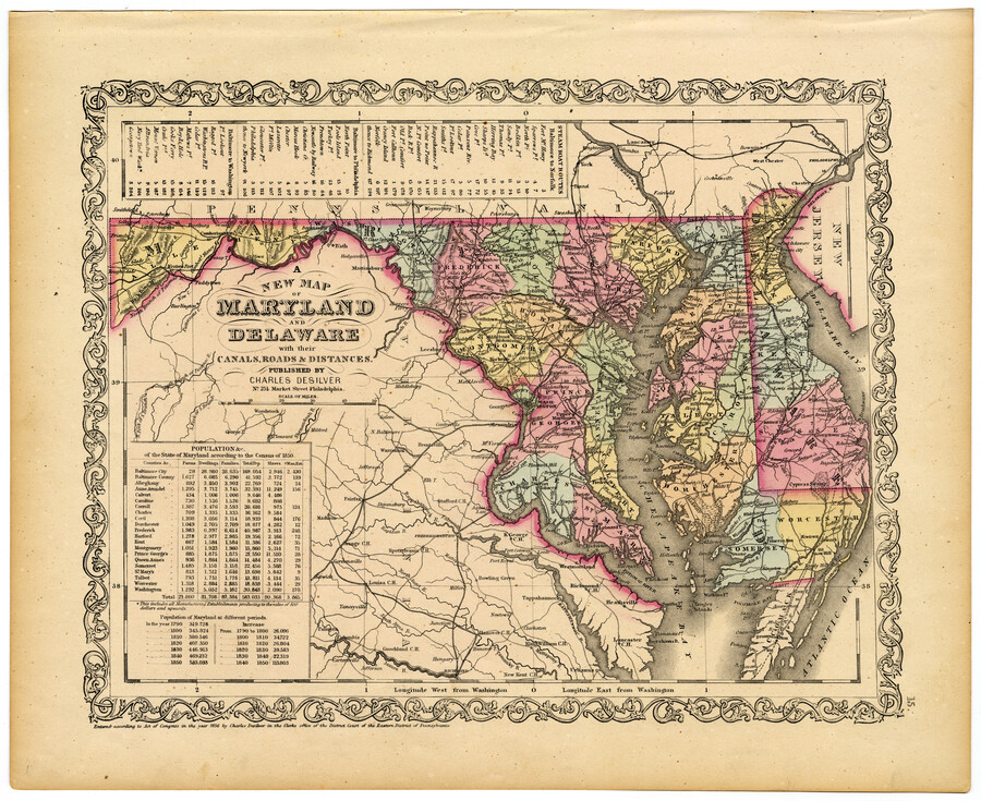 A map showing the states of Maryland and Delaware, page 15 from Mitchell's Universal Atlas. Hand colored by county, it depicts towns, rivers, bays, lakes, canals, railroads, roads, and distances. The map also includes tables of steam boat routes and distances as well as a population table by county and by decade.