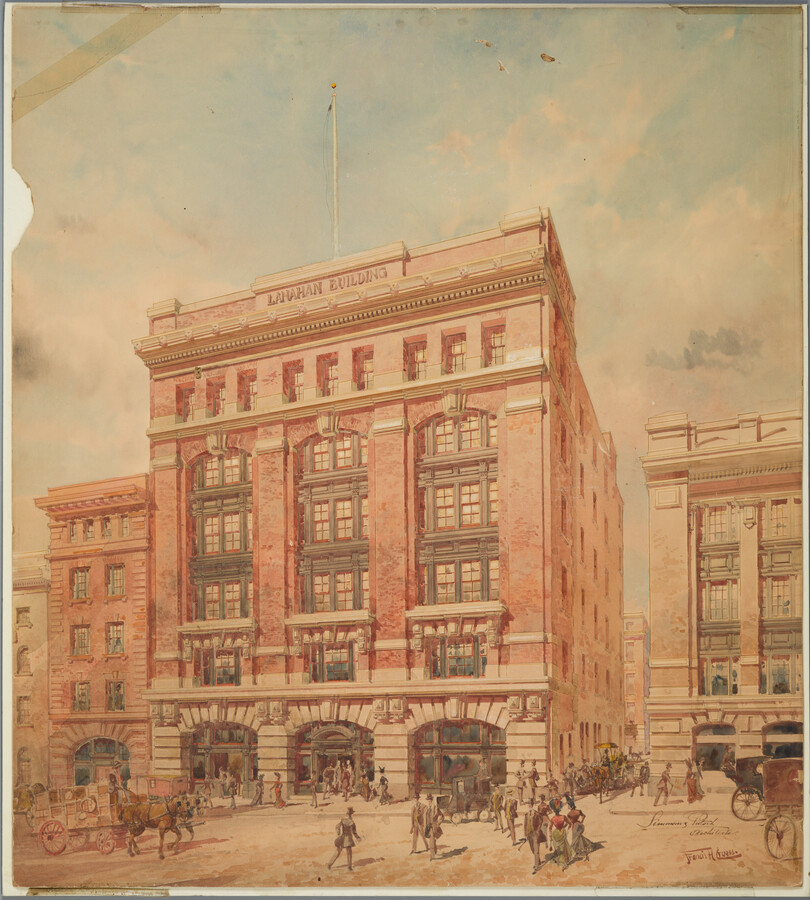 Watercolor drawing of the Lanahan Building at 22 Light Street in Baltimore, Maryland. The building was constructed by architects Simonson & Pietsch as a warehouse for rye whiskey company William Lanahan & Son. This building was built atop the remains of the previous warehouse, which was destroyed in the Great Baltimore Fire of 1904.