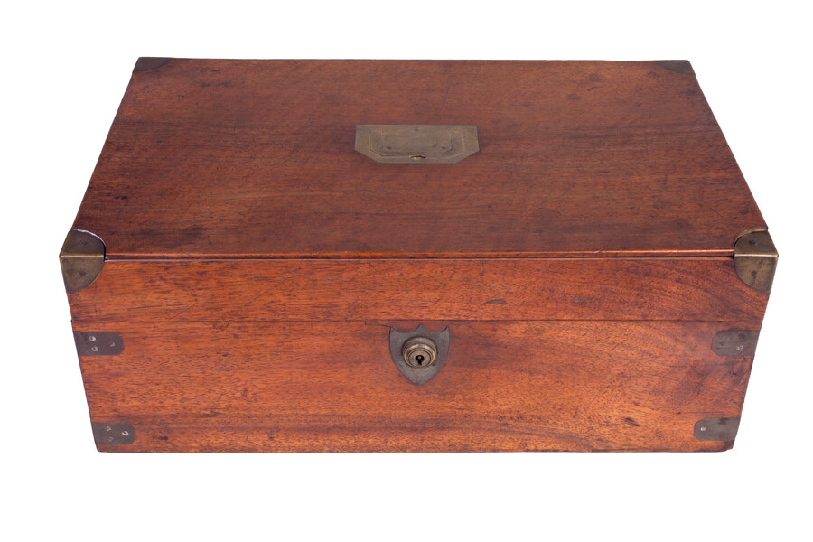 Box for writing implements from personal effects of Elizabeth Patterson Bonaparte (1785-1879). Metal plate on top of box reads "Eliza Patterson." Inside is cloth lined with multiple compartments of various sizes.