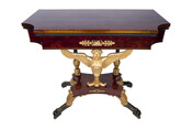 Card Table, part of an eleven-piece set, made by Charles Honore Lannuier (1779-1819). In 1822, Baltimore merchant and real estate developer James Bosley (1779-1843) installed this elegant eleven-piece suite of New York furniture in his Fayette Street townhouse. The suite consisted of two armchairs, five side chairs, two small settees, and a pair of card…