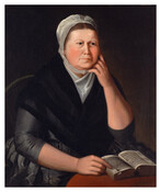 Half-length portrait of Elizabeth Margaret Brown Shaffer (1778-1842). She is portrayed seated behind a table with her right hand pointing to a phrase in her bible while her left hand touches her chin. She wears a black dress with three-quarter length sleeves with a black shawl wrapped around her shoulders. A white head covering sits…