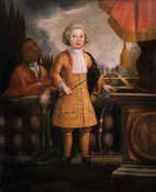 Full-length portrait shows Henry Darnall III as a boy in yellow-orange tunic and green cape holding a bow and arrow. To the left is an enslaved valet boy wearing a silver collar, holding a dead bird. Throughout colonial British America, it was not unusual for some slave owners to have their enslaved domestics wear silver…