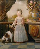 Oil on canvas portrait painting of "Eleanor Darnall" (1704-1796), ca. 1710, by Justus Englehardt Kuhn. Eleanor was born at "The Woodyard," in Prince George's County to Anne Digges Darnall (1685-ca. 1750) and Henry Darnall II (1682-1759). She was one of very few women in colonial America to attend school and was sent to Europe to…