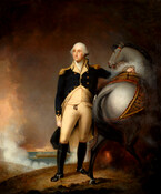 Oil on canvas full-length portrait of "George Washington at Dorchester Heights", ca. 1830-1850, by Jane Stuart after Gilbert Stuart. George Washington (1732-1799) was General of the Continental Army during the Revolutionary War and the First President of the United States. In this scene, he stands next to his horse on Dorchester Heights, which were a…