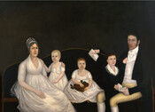 Group portrait of the James McCormick family by Joshua Johnson (1765-1830). The mother and young children wear white dresses while the father, James, and the oldest son wear black suits. James McCormick was a prominent cabinetmaker in Baltimore, Maryland in the early 19th century.