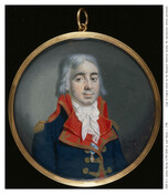 Watercolor on ivory miniature portrait painting of "Commodore Joshua Barney" (1759-1818), ca. 1796, by Juan Bauzil. Barney was born in Baltimore, Province of Maryland. In 1771, he went to sea for the first time aboard a merchant ship. In 1776, he joined the Continental Navy with the rank of master's mate aboard USS "Hornet." Barney…