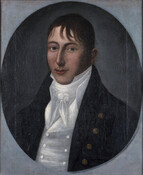 Bust-length oval portrait of Archibald Dobbin, Jr (1765-1830) by Joshua Johnson (fl. 1796-1824). Dobbin is pictured as a man with short brown hair wearing a black coat with brass buttons and a grey vest with white shirt and stock.