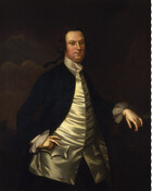 Three-quarter-length portrait of Daniel Carroll II (1730-1796) of Upper Marlboro, or Rock Creek. He is depicted standing with one hand on his hip wearing an ivory silk satin waistcoat and a teal coat with lace cuffs. His dark hair is worn in a braid.