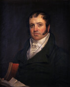 Portrait of Henry Thompson (1774-1837) by John Wesley Jarvis (1780-1840). Thompson is pictured with sideburns, looking left while holding letter in right hand. He wears dark green coat, and white shirt and stock.