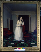 Full-length portrait shows Jane Rebecca Griffith (1816-1848) as a young woman with long brown hair standing in Empire-period parlor, wearing white dress and leaning on chair. She stands on red, green, and white Wilton carpet.