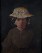 Half-length frontal portrait of Georgie Cohen (1856-1871) as a young girl, approximately six years old. She wears a white lace-trimmed straw hat and brown dress with red and white bow.