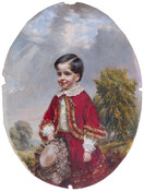 Three-quarter length oval-shaped portrait of Benjamin I. Cohen (1852-1910) as a small child wearing red caped jacket and skirt with gold trim and a white shirt. He holds a feathered hat in his right hand. Trees, hills, and sky are seen in the background.