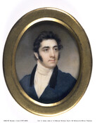 Bust-length miniature portrait of Benjamin I. Cohen (1797-1845). He has black hair and sideburns and looks off to the right of the picture plane. He wears a blue coat with a wide black lapel over a white shirt and white stock.
