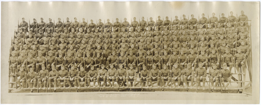 Group portrait of Company D, 313th Infantry, American Expeditionary Forces — circa 1917