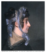 Bust-length profile view of Mrs. Benjamin I. Cohen (nee Kitty Etting) (1799-1837). She is portrayed with black curly hair that frames her face and is tied up in the back and worn with a cap comprised of lace and blue satin. She wears a black dress with a white lace-trimmed scarf.