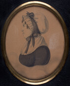 Greyscale watercolor side-profile miniature portrait of Rachel Gratz Etting (1764-1831). She wears a black dress and a white bonnet tied on with ribbon, with dark curls of hair escaping near her forehead. Her father, Bernard Gratz, and husband Solomon Etting (1764-1847) worked towards advancing Jewish men's rights. In 1826, the "Jew Bill" passed, allowing Jewish…