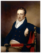 Half-length portrait of Isaac McKim (1775-1838) by Rembrandt Peale (1778-1860). McKim is pictured as a man with brown hair wearing a dark blue coat, a white stock and shirt, and tan breeches. He is seated in a red upholstered wooden chair with one arm leaning on the back of the chair.