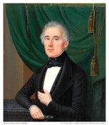 Miniature half-length portrait of Hugh McCulloh Birckhead (1788-1853). He is pictured as an older man with gray hair wearing a black coat and stock, a black vest with red, blue, and yellow pattern, and a white shirt. His left hand grabs his lapel while his right elbow leans on a stone table. There is a…
