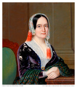 Half-length portrait of Catherine Augusta McEvers Birckhead (1795-1868), wife of Hugh McCulloch Birckhead (1788-1853). She has dark straight hair parted at center and she wears a dark V-necked dress with fichu, brooch at breast, green shawl, and white veil with tassels.