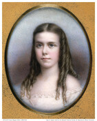 Bust-length miniature portrait on ivory of Susan Margaret McKim (1858-1914), c. 1875, by John Carlin (1813-1891) as a young girl with long brown hair in ringlets, seen in three-quarter view, facing left. She wears white off-shoulder dress. Susan was born in Baltimore to Haslett McKim (1812-1891) and Sarah Jane Birkhead McKim (1821-1888). She moved to…