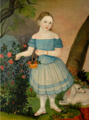 Full-length portrait of Laura Jane Harris (Mrs. James Blake) (1846-1892) as a young girl with light brown hair wearing a blue dress. She stands in a garden holding a basket with a white dog at her heels.