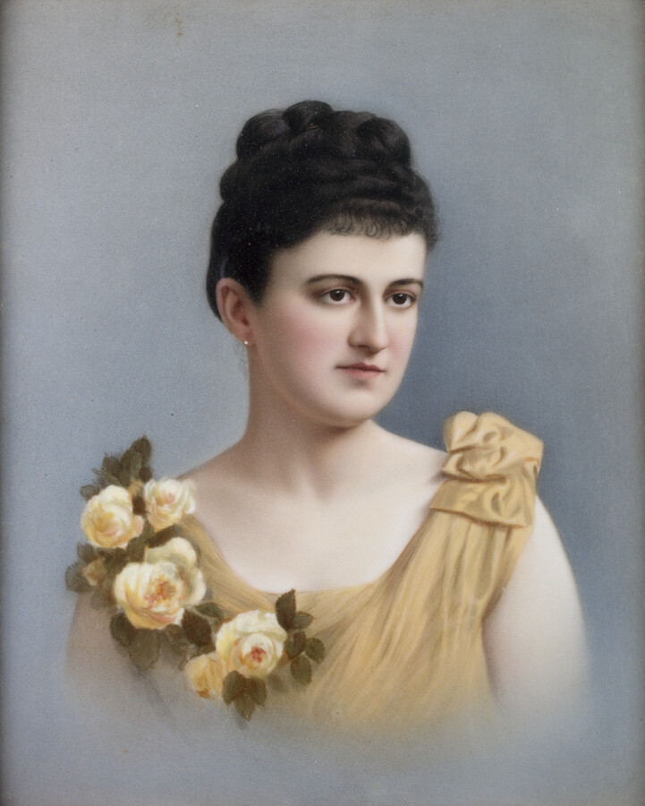 Hand-colored photograph on porcelain portrait drawing of Anna Maria Cohen Minis (Mrs. Abram Minis) (1863-1891), ca. 1880-1890, by and unknown artist. Anna was born in Baltimore to Israel Cohen (1820-1873) and Cecilia Eliza Levy Cohen (1830-1916). In 1890, she married Abram Minis (1859-1939), of Savannah, Georgia. Anna moved to Savannah after their marriage, but died…