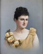 Hand-colored photograph on porcelain portrait drawing of Anna Maria Cohen Minis (Mrs. Abram Minis) (1863-1891), ca. 1880-1890, by and unknown artist. Anna was born in Baltimore to Israel Cohen (1820-1873) and Cecilia Eliza Levy Cohen (1830-1916). In 1890, she married Abram Minis (1859-1939), of Savannah, Georgia. Anna moved to Savannah after their marriage, but died…