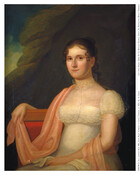 Oil on canvas portrait painting of Alice Lawrason Riggs (1792-1817), ca. 1817, attributed to Cephas Thompson. Alice was born in Alexandria, Virginia. She married Elisha Riggs, Sr. (1779-1853) of Brookeville, Montgomery County, Maryland in 1812. The couple made their home in Georgetown, Washington, D.C. and had two sons. She died at only 25 years of…