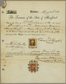 A pay order from the Treasurer of the State of Maryland for a $300 bounty to William B. Lyons, enslaver of Edward Langford, a volunteer in Company D of the 4th Regiment, United States Colored Infantry. The document is signed by Langford, two witnesses, and notary public Leander Warren.